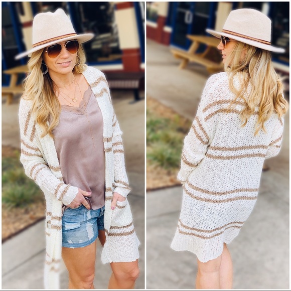 Cream and Taupe double stripe long cardigan - Picture 2 of 6